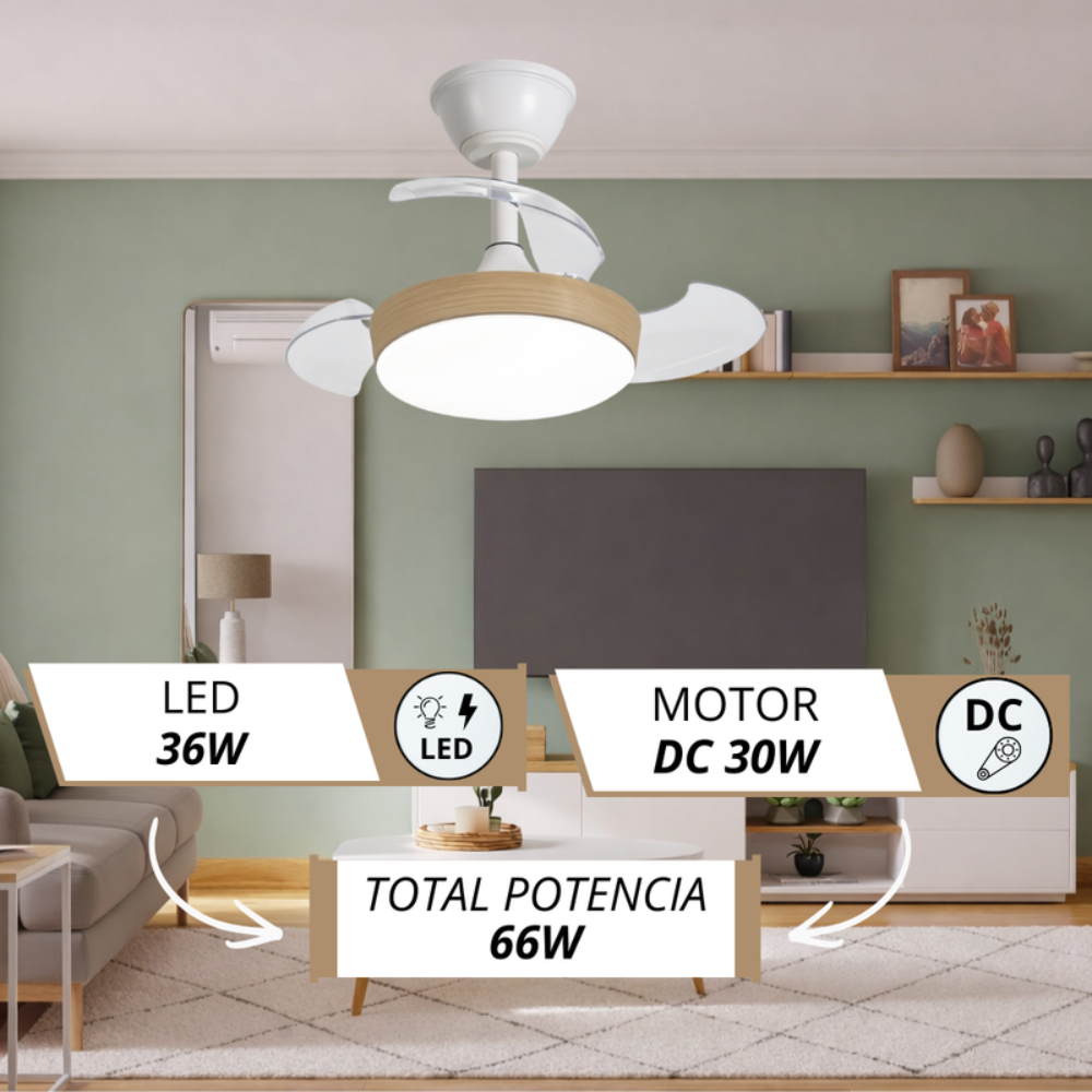 Ventilador de techo con luz en sala. LED 36W, motor DC 30W.