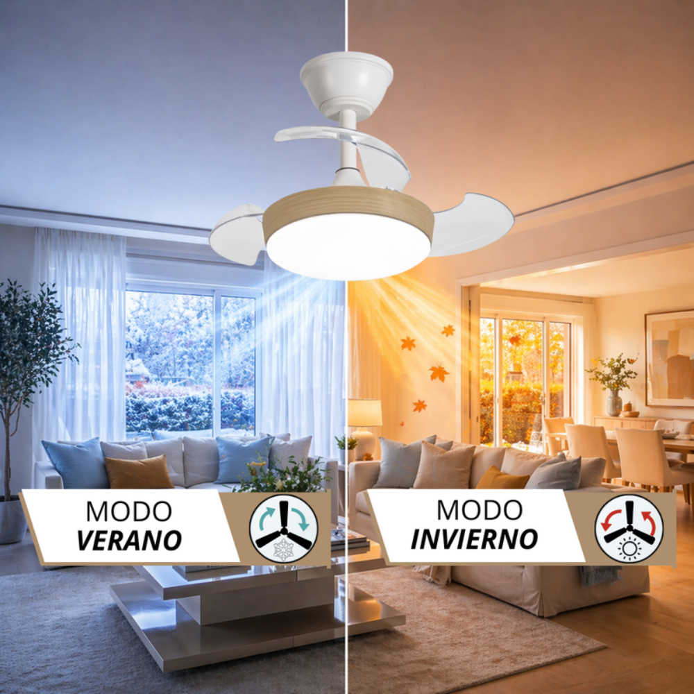 Ventilador de techo en modo verano e invierno en una sala.