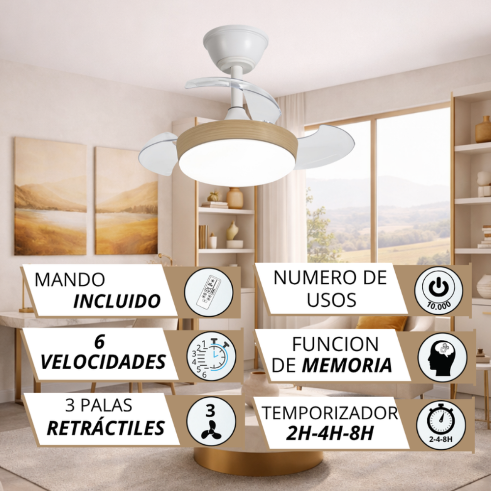 Ventilador de techo con luz, mando, 6 velocidades, 3 palas retráctiles.