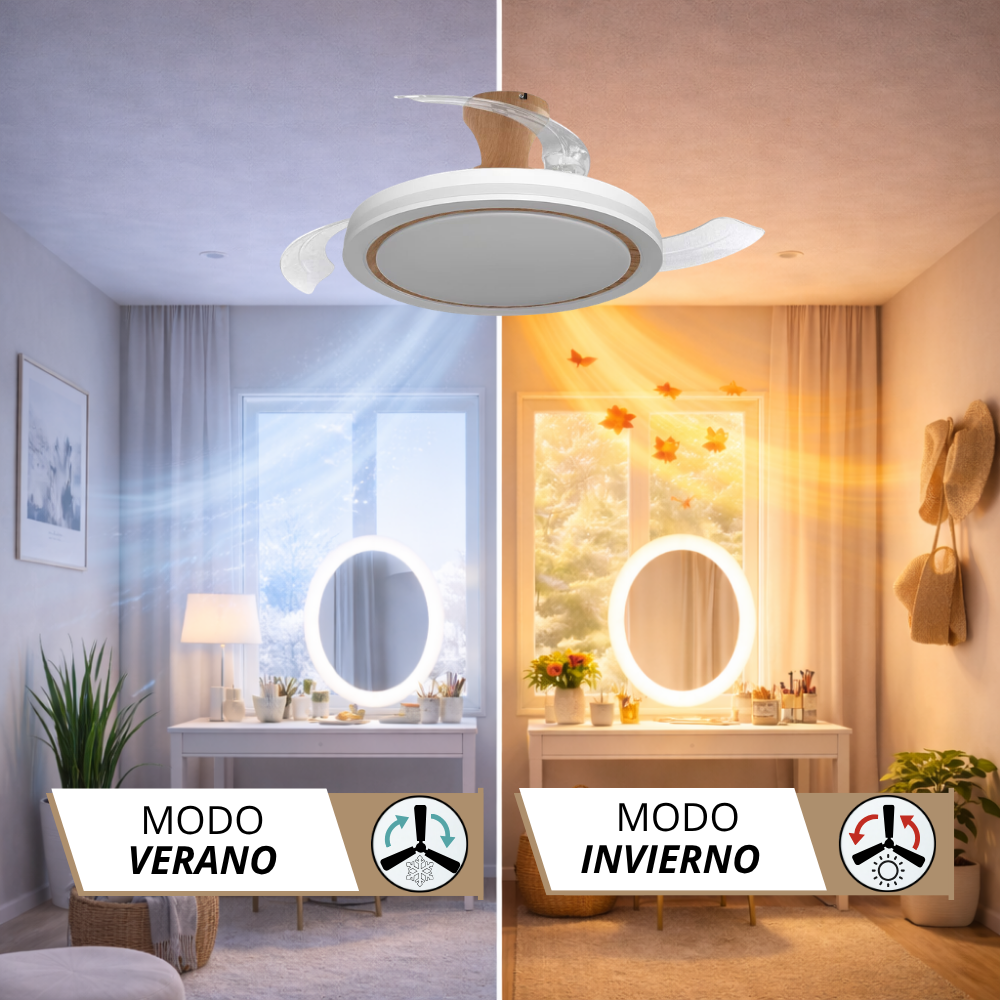Ventilador de techo con luz, mostrando modos verano e invierno.