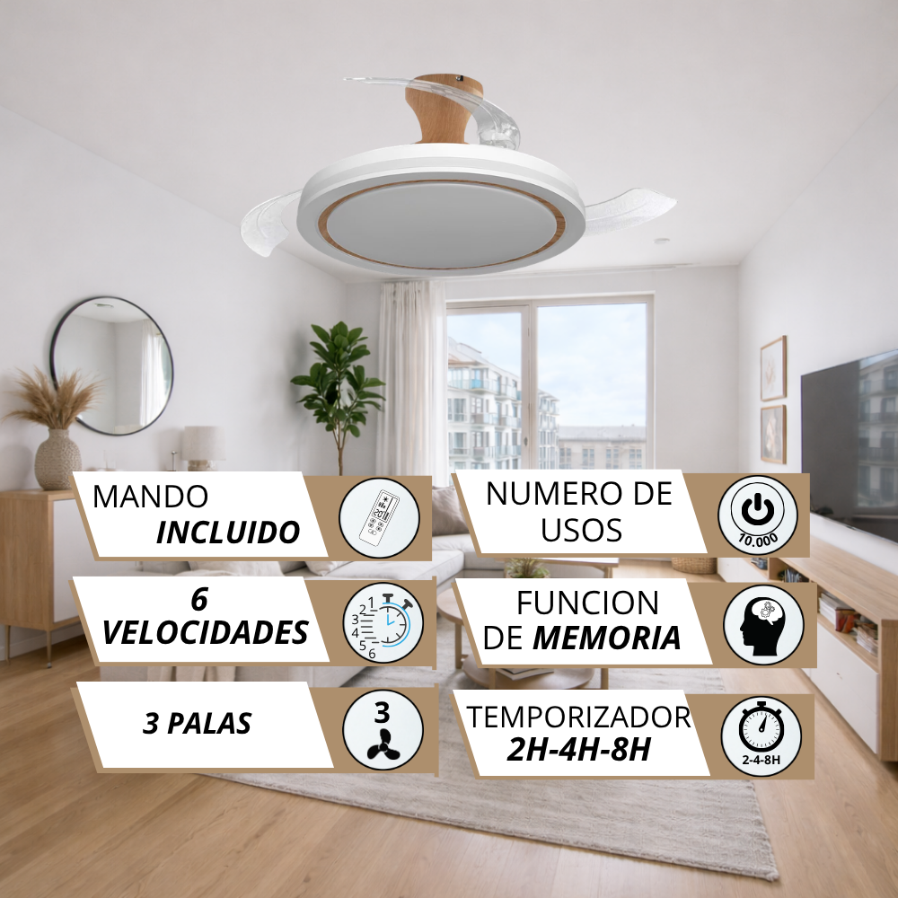 Un ventilador de techo moderno con luz en una sala de estar. Características: control remoto, 6 velocidades, 3 aspas.