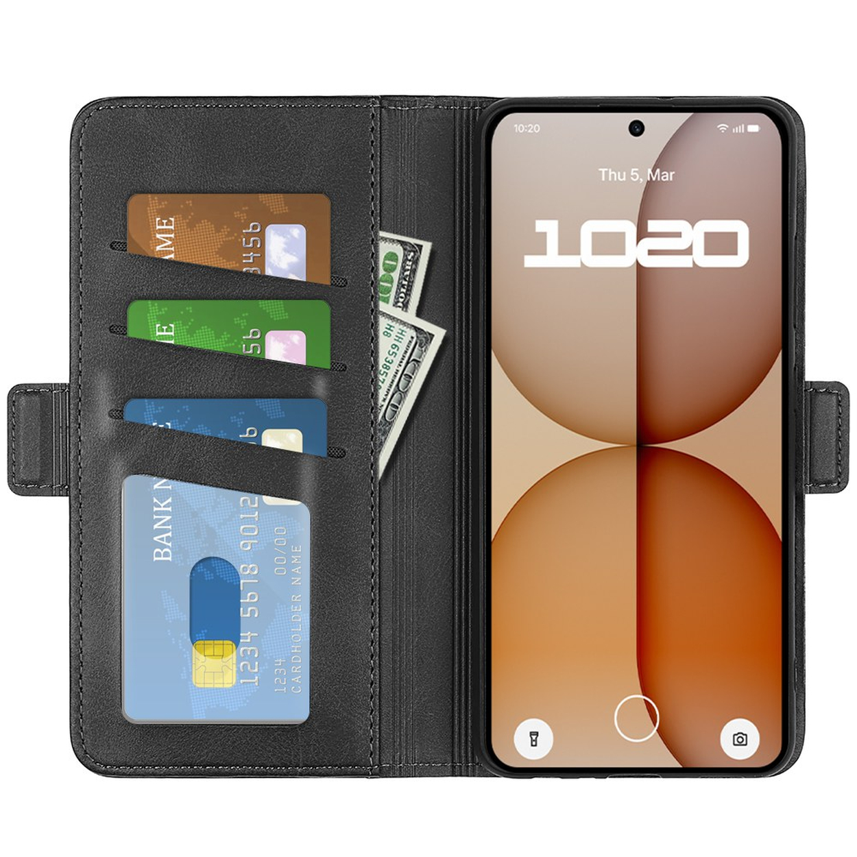 Zwarte telefoonhoes met kaartsleuven, contant geld en een smartphone die 10:20 toont.