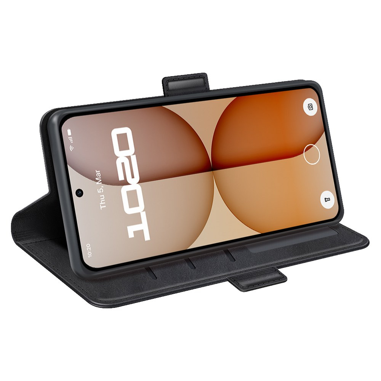 Zwarte smartphone in een zwarte hoes met een gestileerde achtergrond op het scherm.