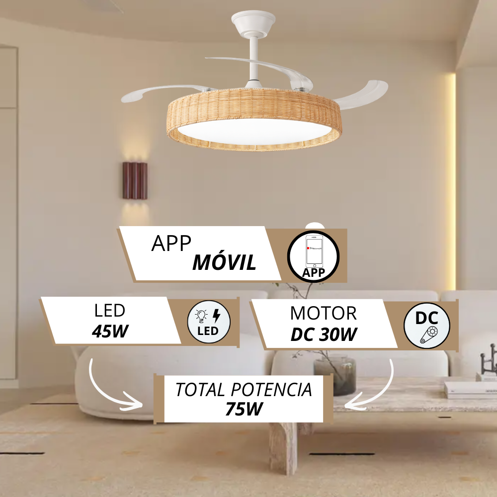 Ventilador de techo con detalle de ratán y luz LED, 45W LED, motor DC 30W.
