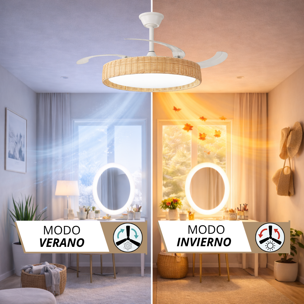 Ventilador de techo con luz en modo verano e invierno. Aire frío a la izquierda, aire caliente a la derecha.