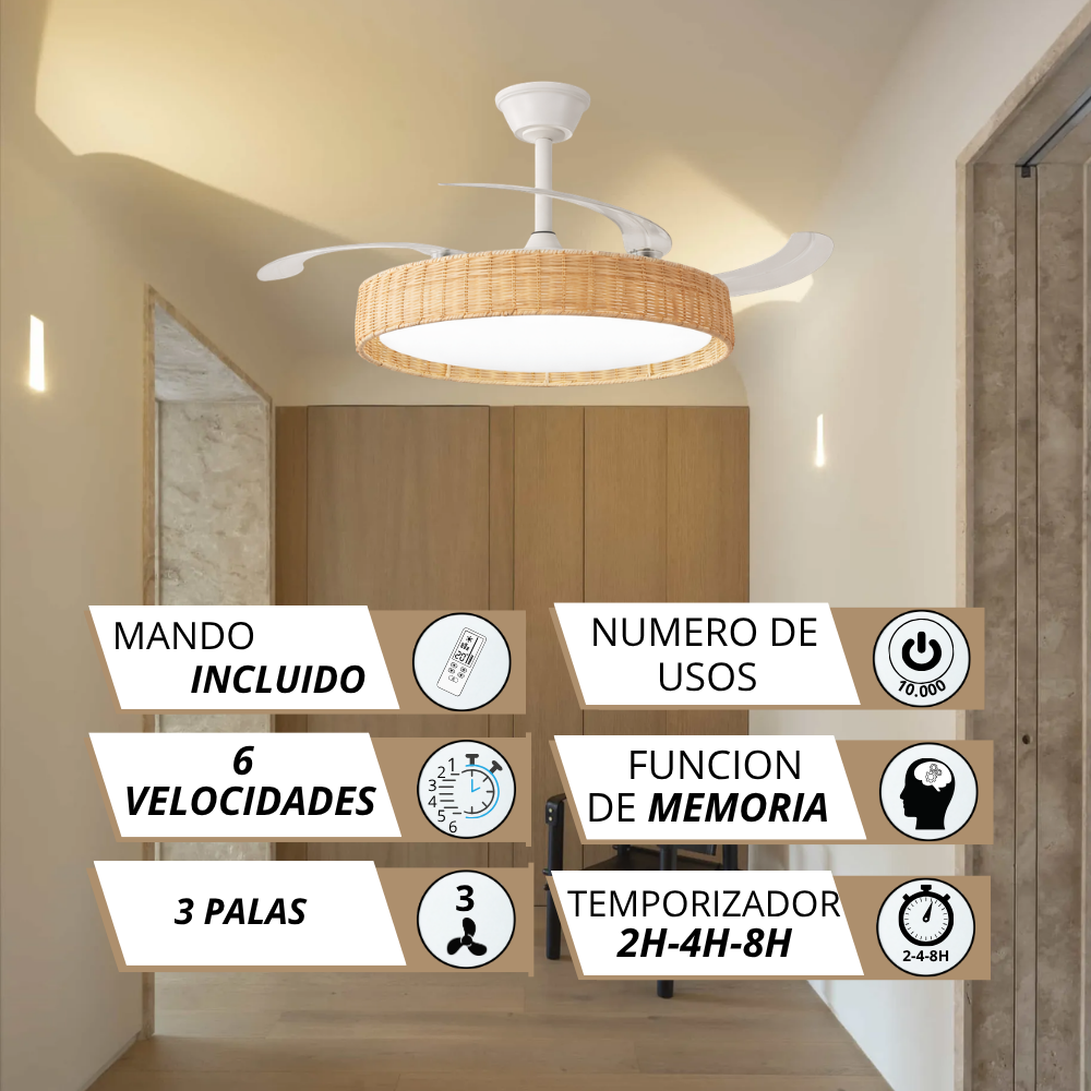 Ventilador de techo con pantalla de mimbre, mando, 6 velocidades, 3 aspas.