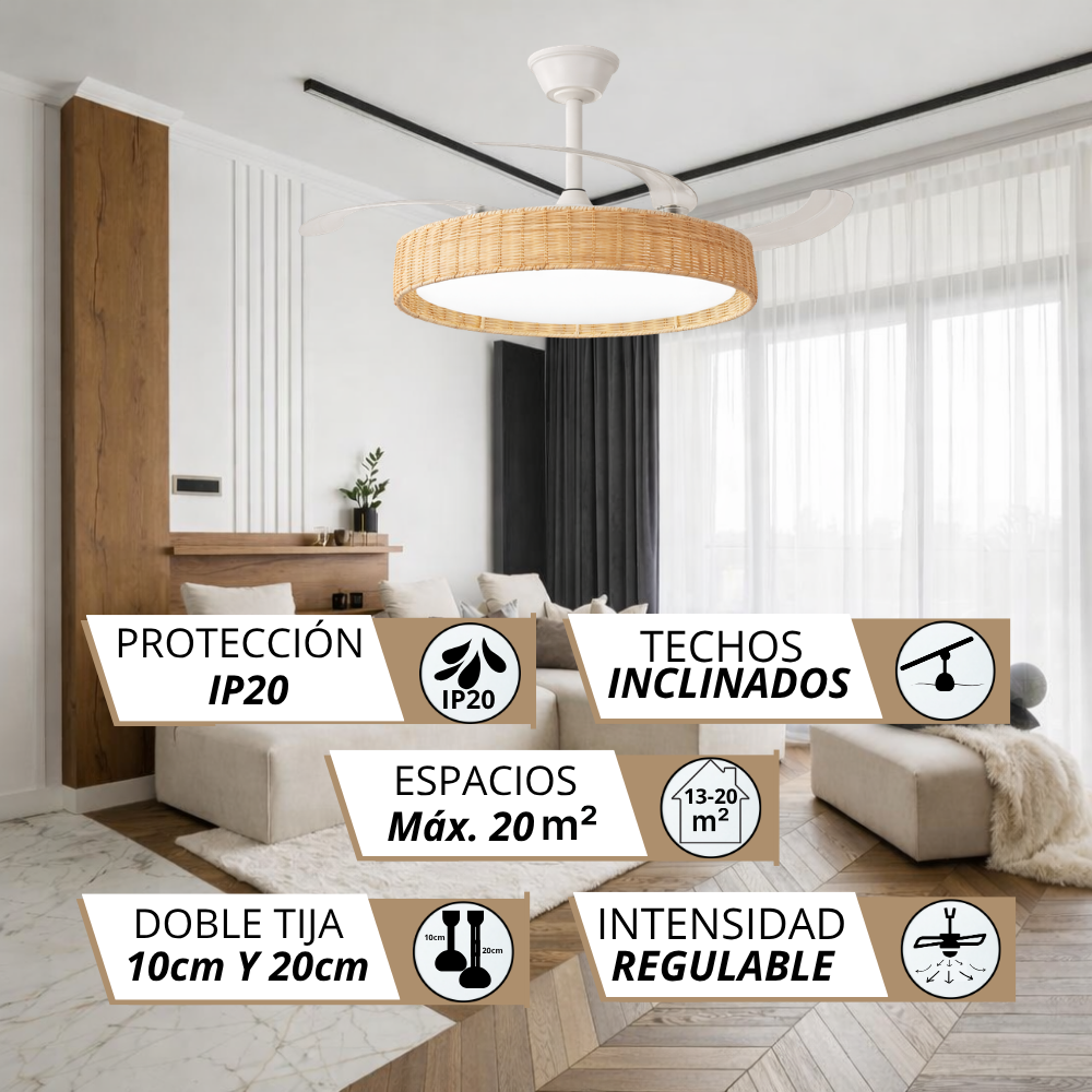 Ventilador de techo con pantalla de mimbre claro y luz LED en sala de estar.