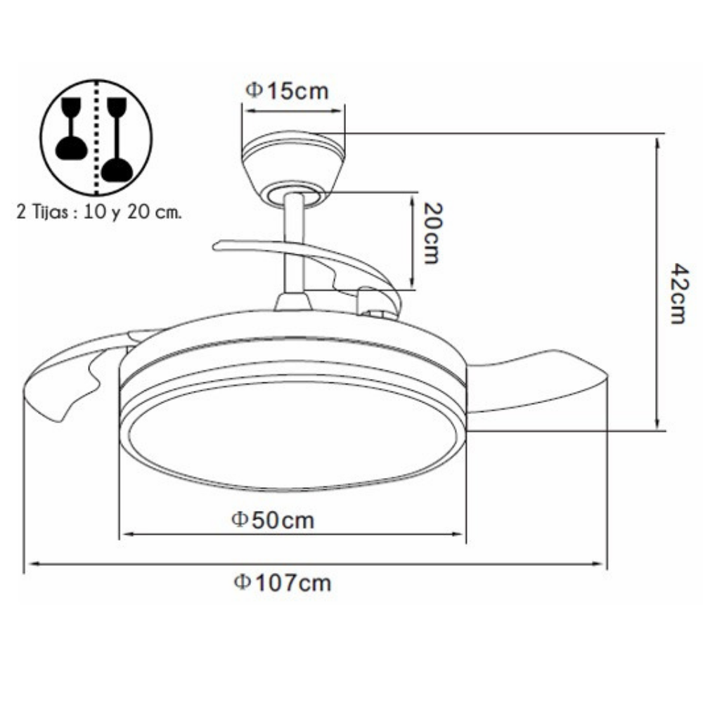 Dibujo técnico de un ventilador de techo con dimensiones: 15cm, 20cm, 42cm, 50cm, 107cm.