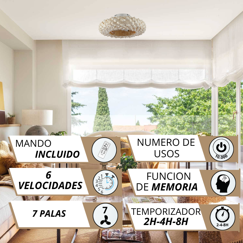 Ventilador de techo con mando, 6 velocidades, 7 palas, función memoria, temporizador.