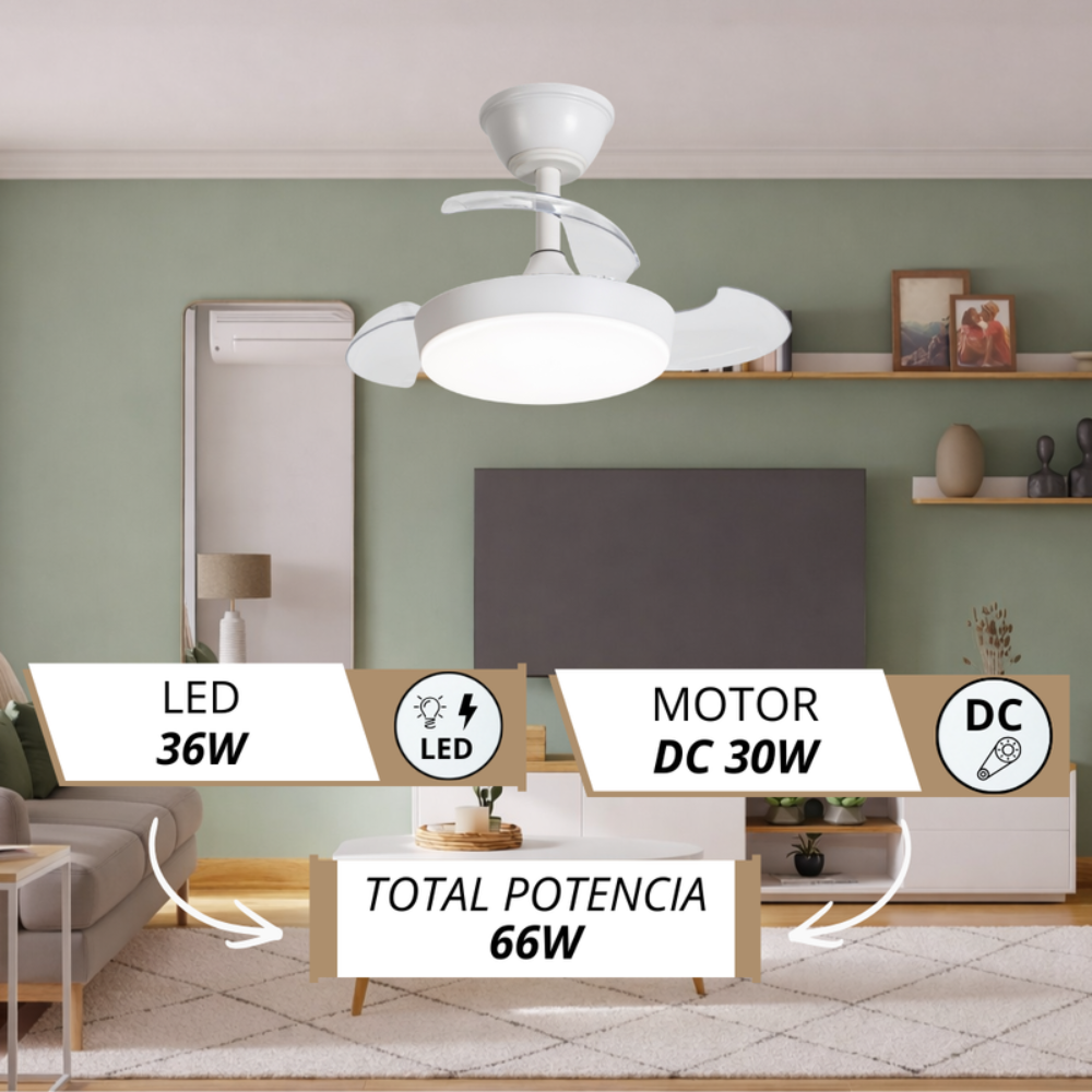 Ventilador de techo blanco con luz LED en una sala de estar. Especificaciones: LED 36W, Motor DC 30W.