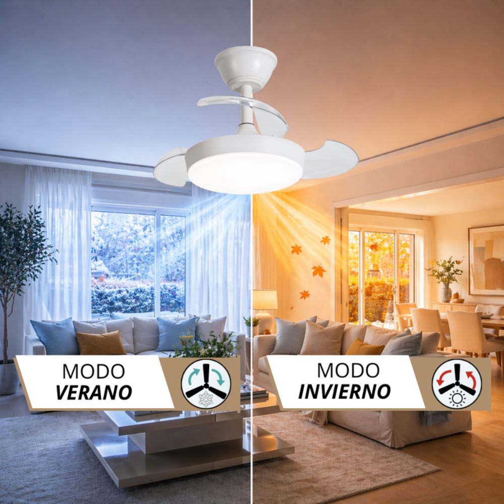 Ventilador de techo con luz en modo verano e invierno, mostrando flujo de aire en sala.