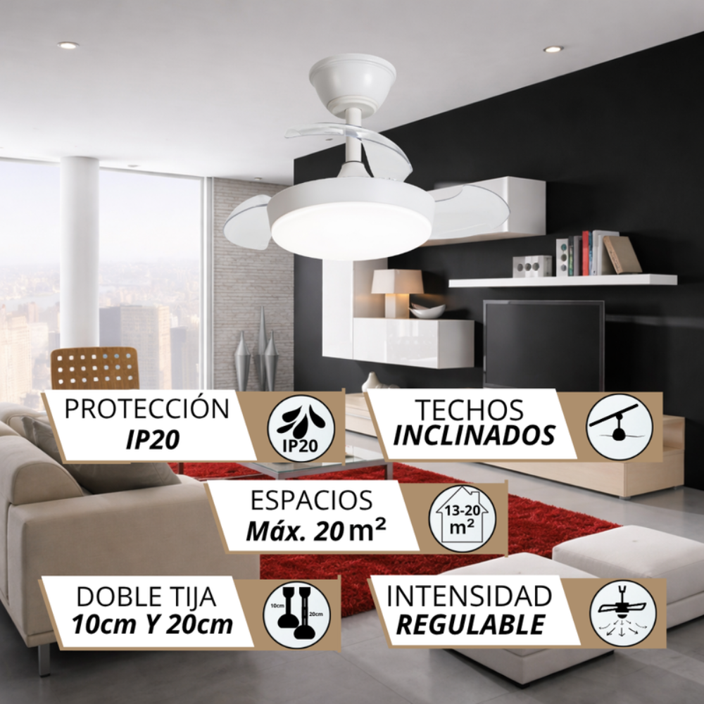 Ventilador de techo blanco moderno con luz en sala, protección IP20, techos inclinados.