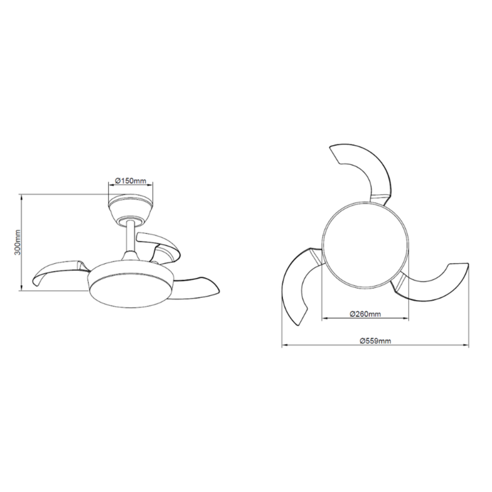 Dibujo técnico de un ventilador de techo con dimensiones.