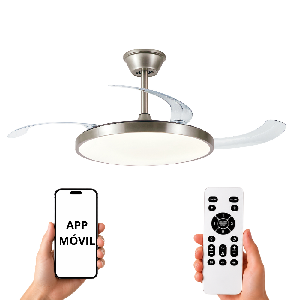 Un ventilador de techo con aspas retráctiles, mando y smartphone.