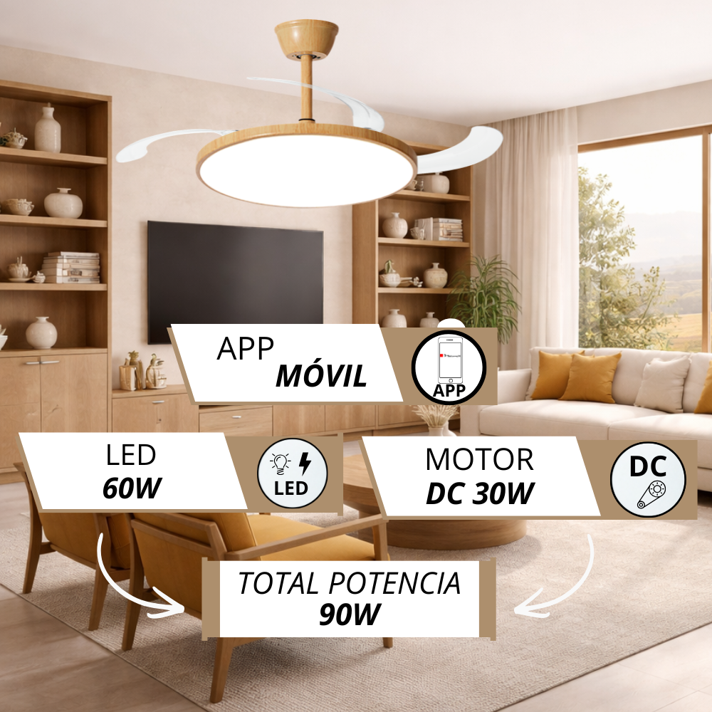 Ventilador de techo con luz y control de app en una sala.
