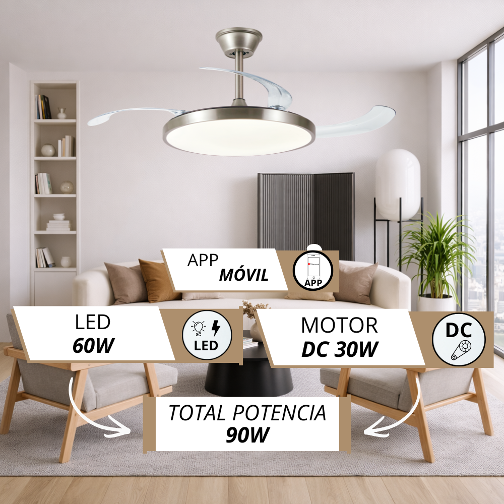 Ventilador de techo moderno con luz LED, control APP. 60W LED, motor DC 30W.