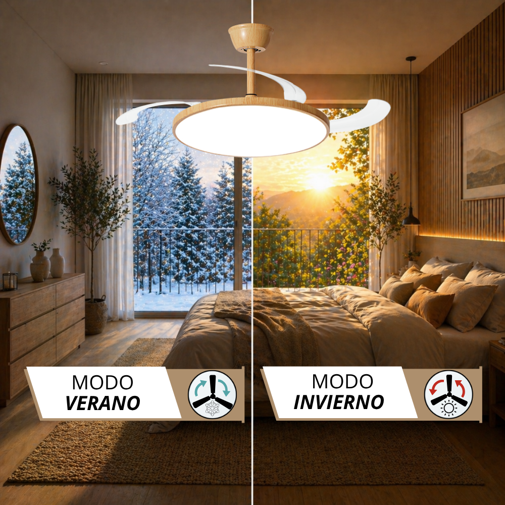 Dormitorio con ventilador de techo, dividido para mostrar verano e invierno.