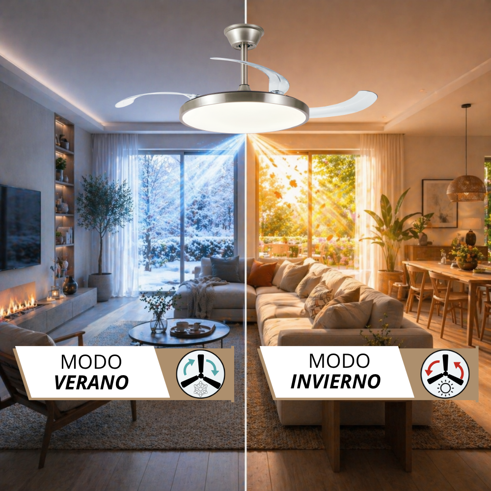 Ventilador de techo sobre una sala dividida en escenas de verano e invierno.