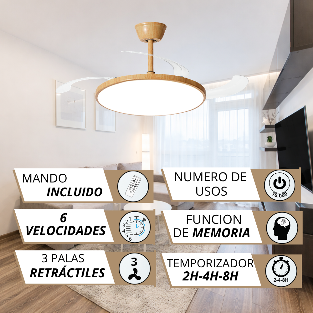 Ventilador de techo con luz, mando a distancia, 6 velocidades, 3 aspas retráctiles.