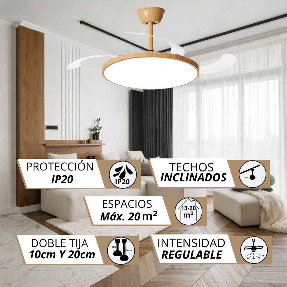 Ventilador de techo con acabado madera, luz LED, IP20, para techos inclinados y hasta 20m².