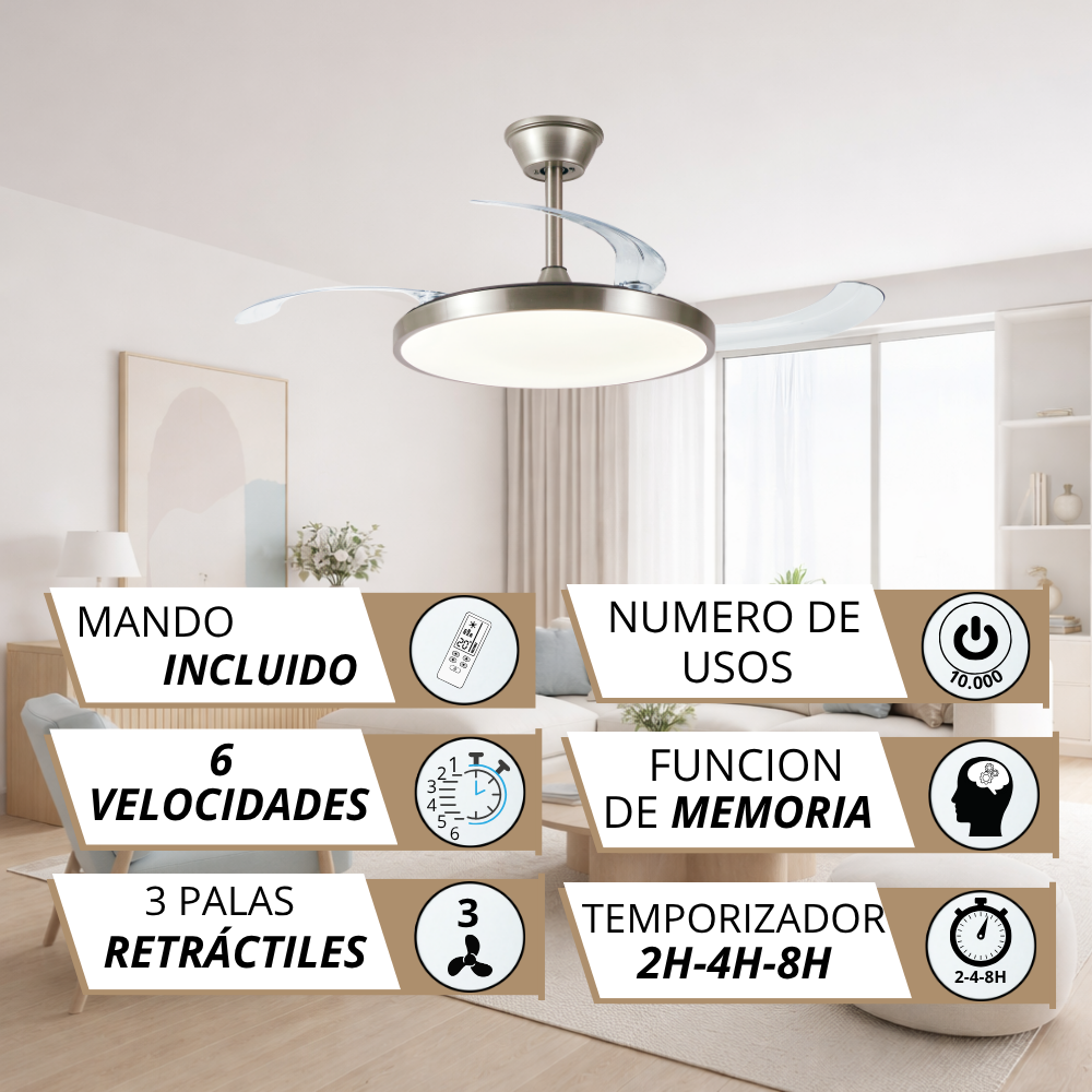 Ventilador de techo con luz, mando a distancia, 6 velocidades, 3 aspas retráctiles.