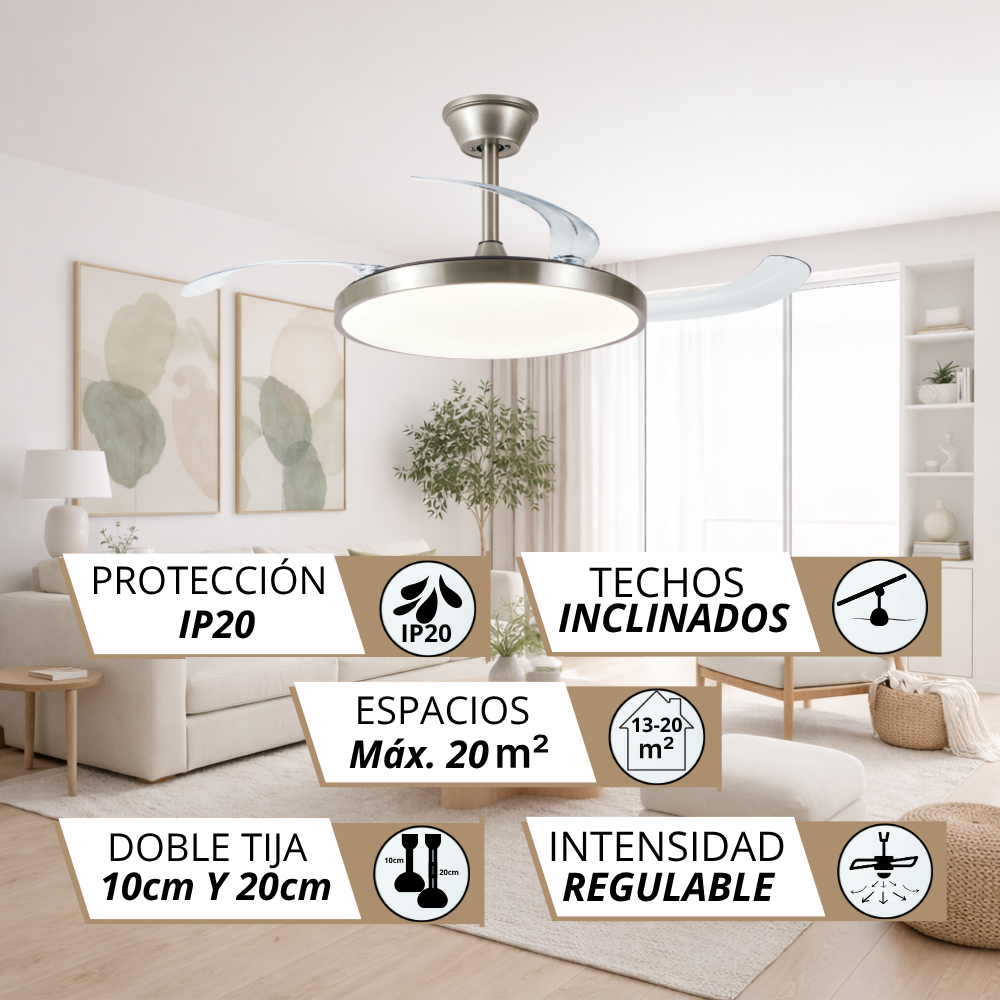 Ventilador de techo con luz LED en sala moderna, protección IP20, para hasta 20 m².