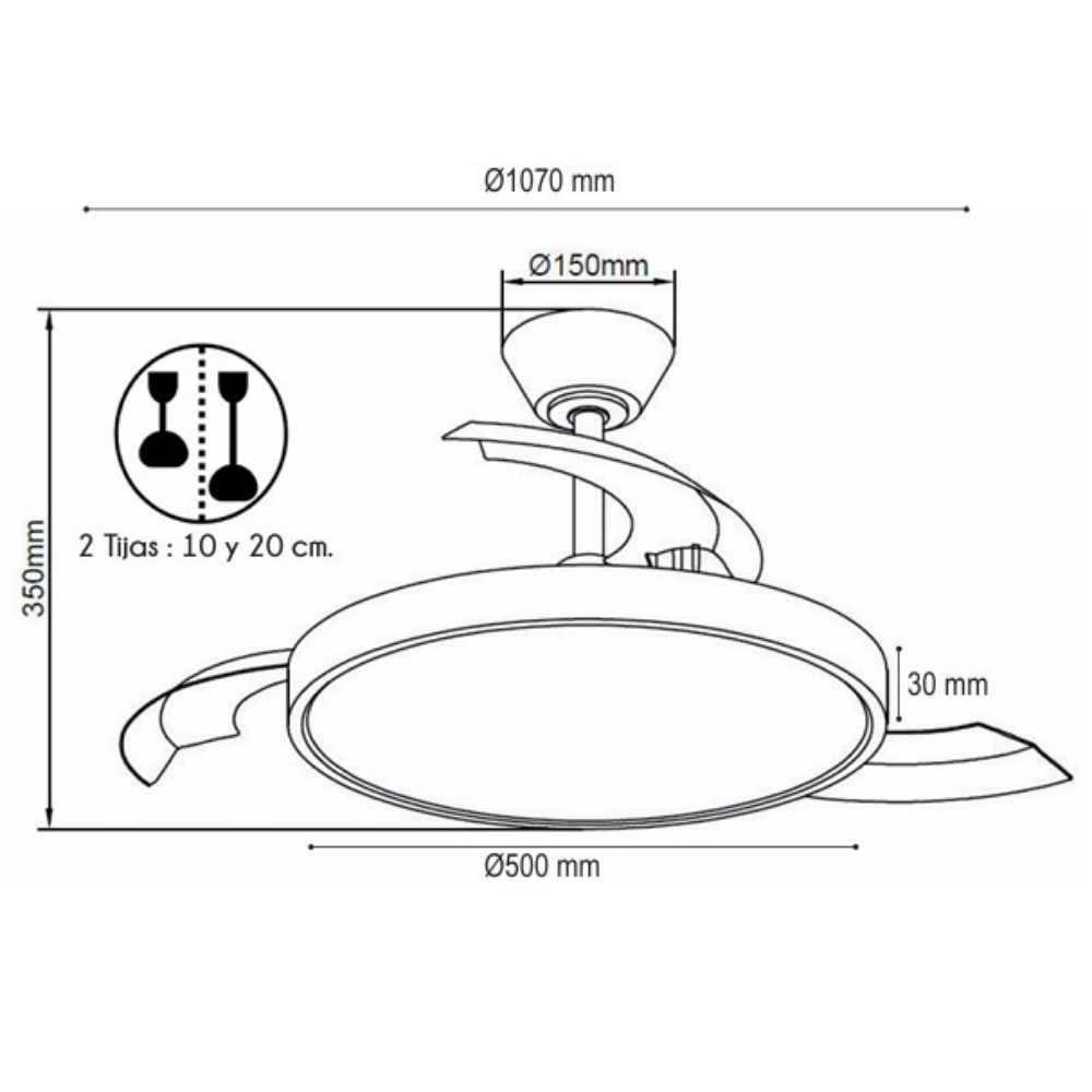 Dibujo técnico de un ventilador de techo con dimensiones Ø1070, Ø150, Ø500 mm y 350 mm de altura.