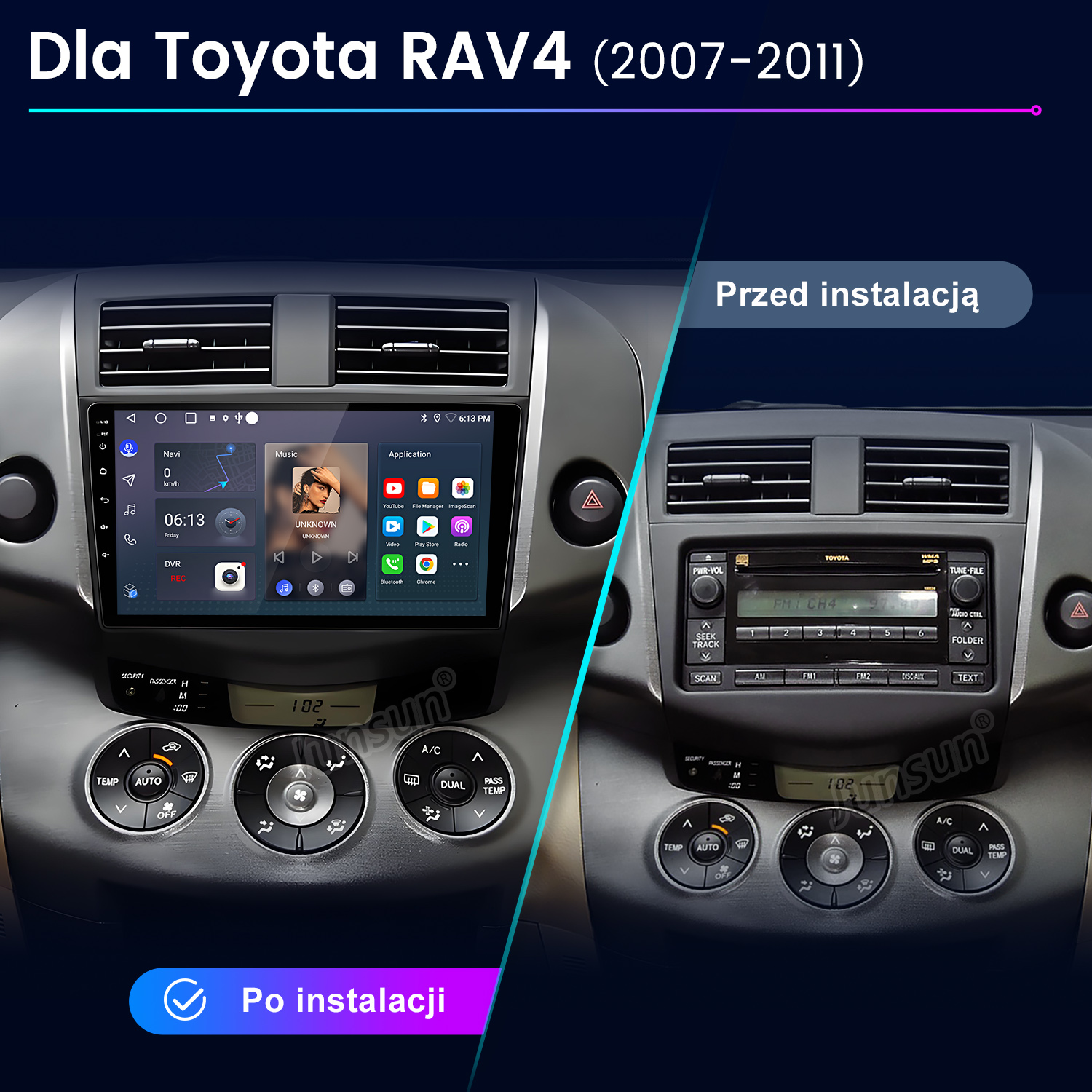 Porównanie radia samochodowego Toyota RAV4 przed i po instalacji. Lewo: nowoczesny ekran dotykowy, prawo: oryginalne radio.