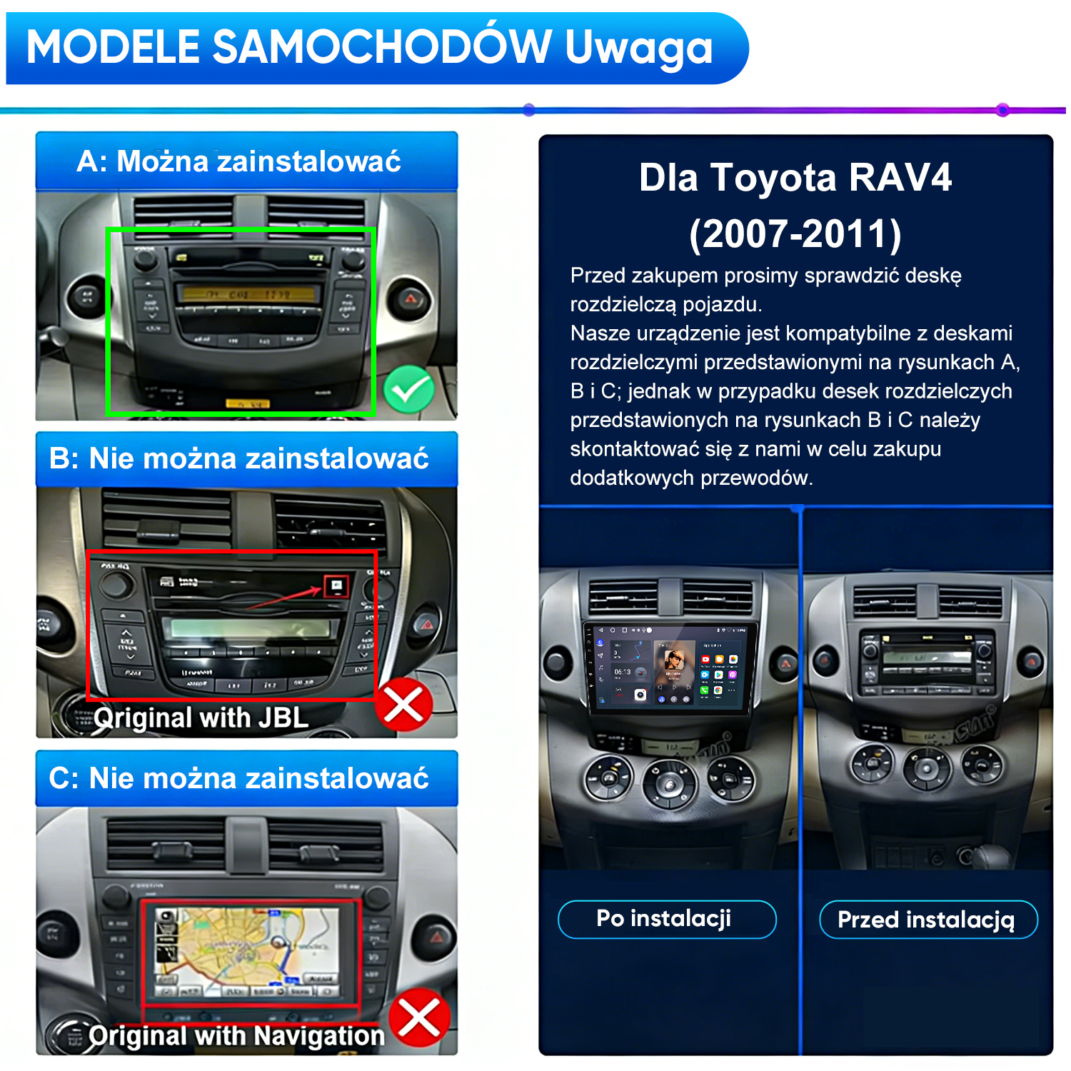 Porównanie radioodtwarzaczy samochodowych Toyota RAV4 (2007-2011): Można zainstalować A.