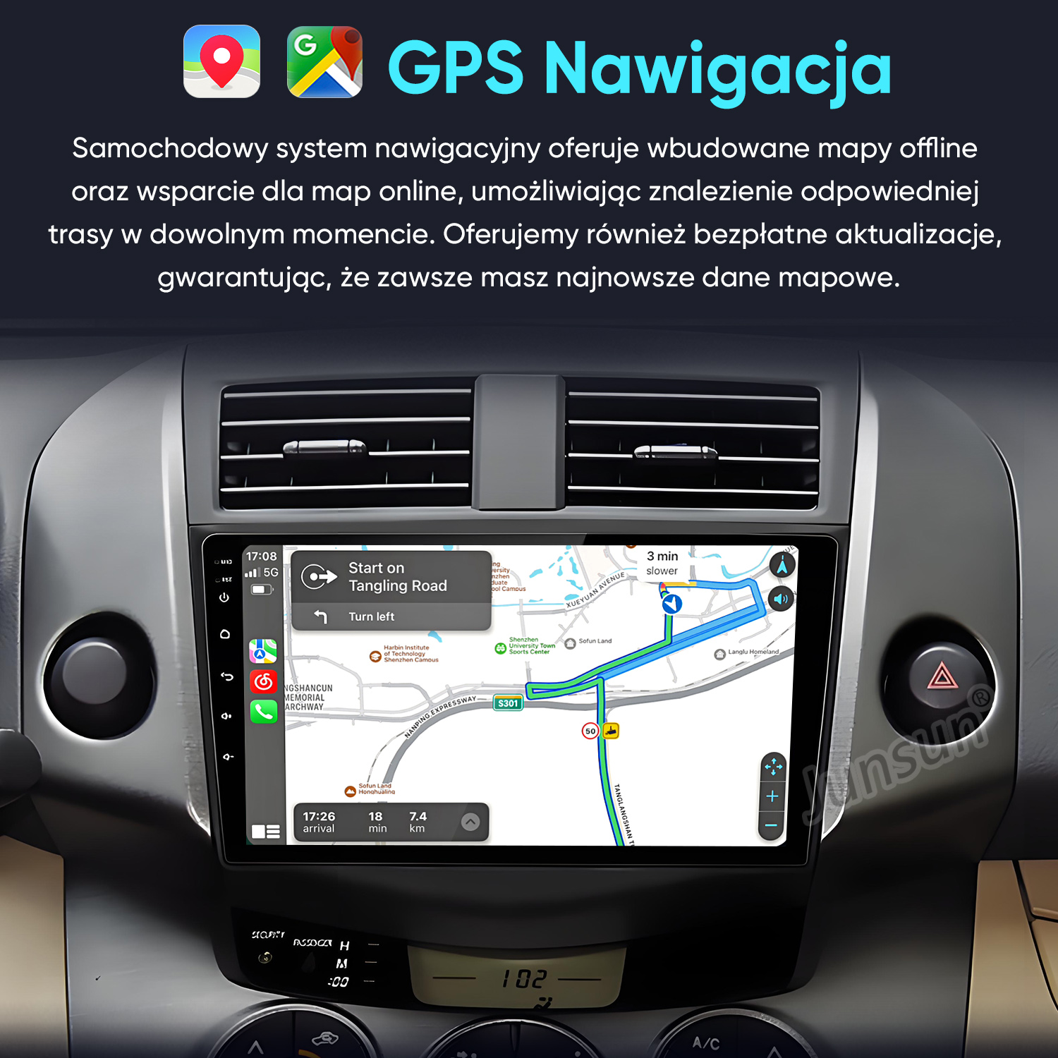 Samochodowy system nawigacji GPS wyświetla mapę z trasą.