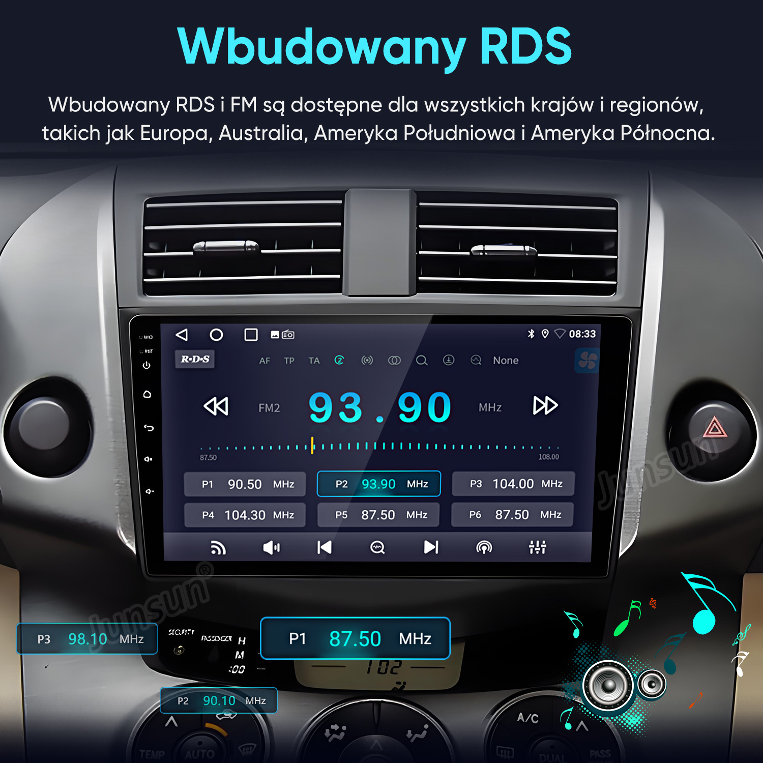 Nowoczesne radio samochodowe z wyświetlaczem RDS pokazującym 93.90 MHz.
