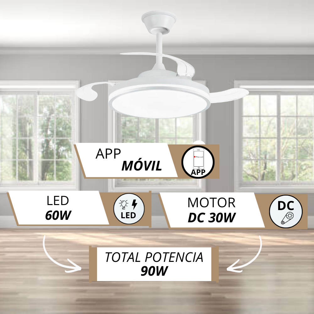 Ventilador de techo blanco con luz, controlable por app. LED 60W, motor DC 30W.