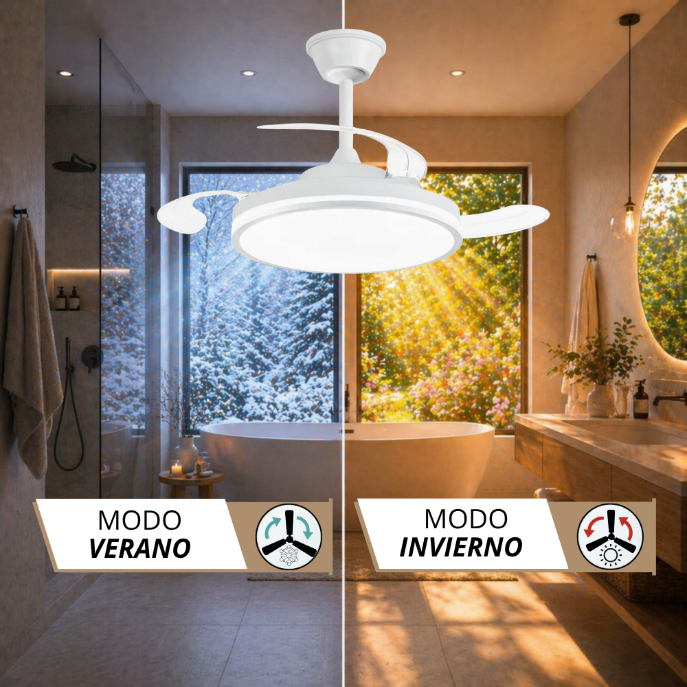 Un ventilador de techo blanco con luz en un baño dividido entre escenas de verano e invierno.