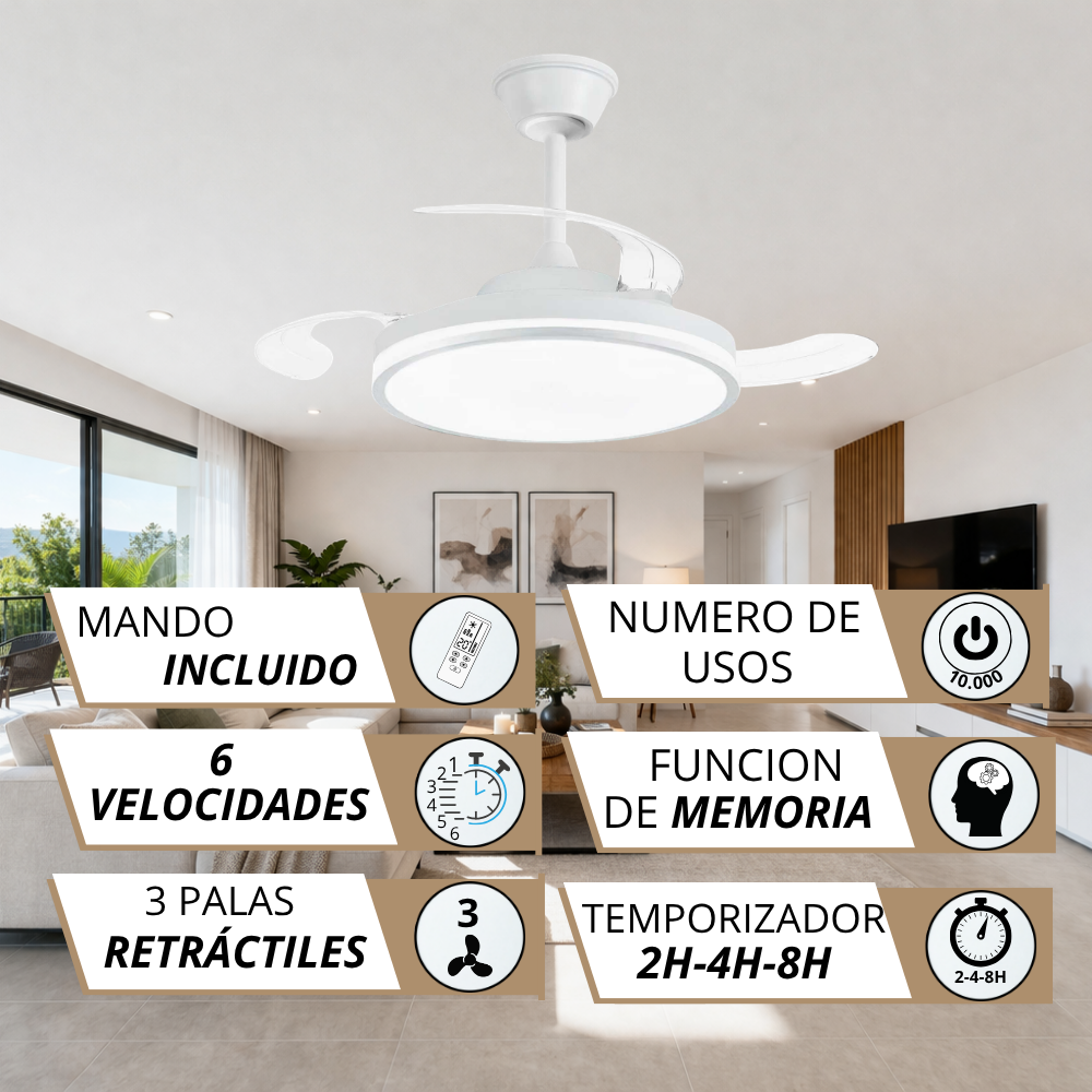 Ventilador de techo blanco con luz, 6 velocidades, 3 aspas retráctiles, mando.