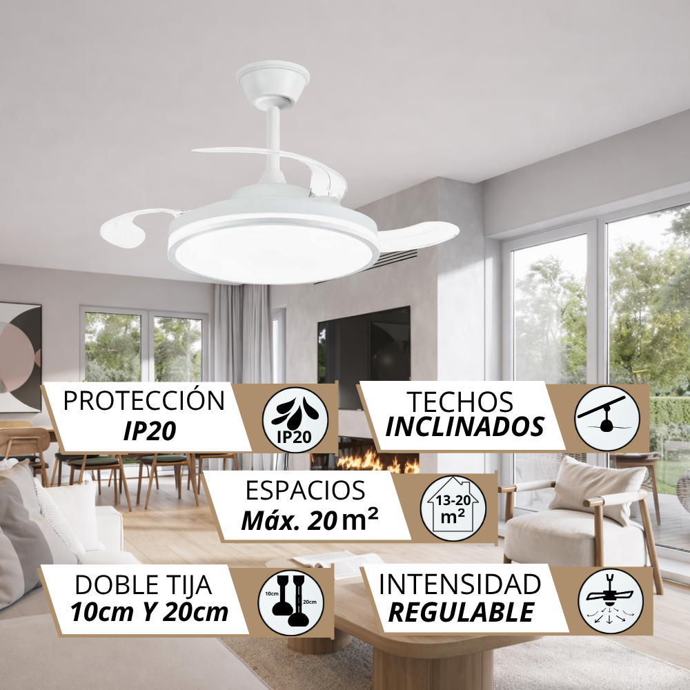 Ventilador de techo blanco con luz, para estancias hasta 20m², IP20, techos inclinados.