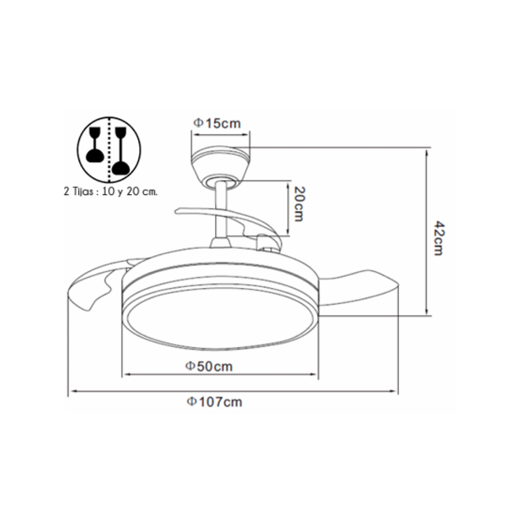 Dibujo técnico de un ventilador de techo con medidas 15cm, 20cm, 42cm, 50cm y 107cm.