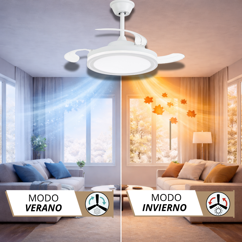 Ventilador de techo con luz, mostrando modos verano e invierno con indicación de flujo.