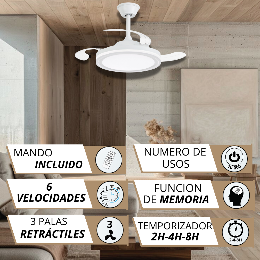Un ventilador de techo blanco con luz y aspas retráctiles.