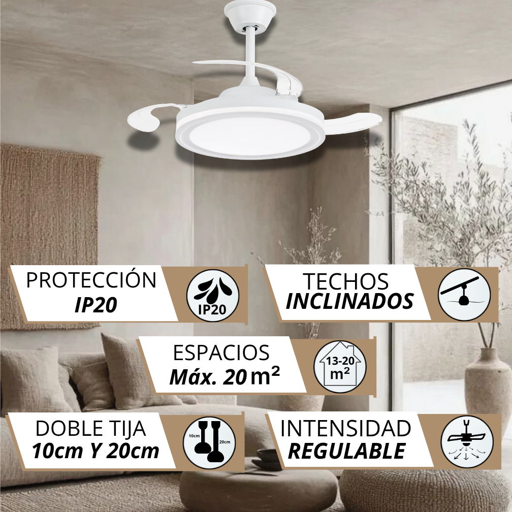 Ventilador de techo blanco moderno con luz en sala. Etiquetas: IP20, Techos inclinados, 20m².