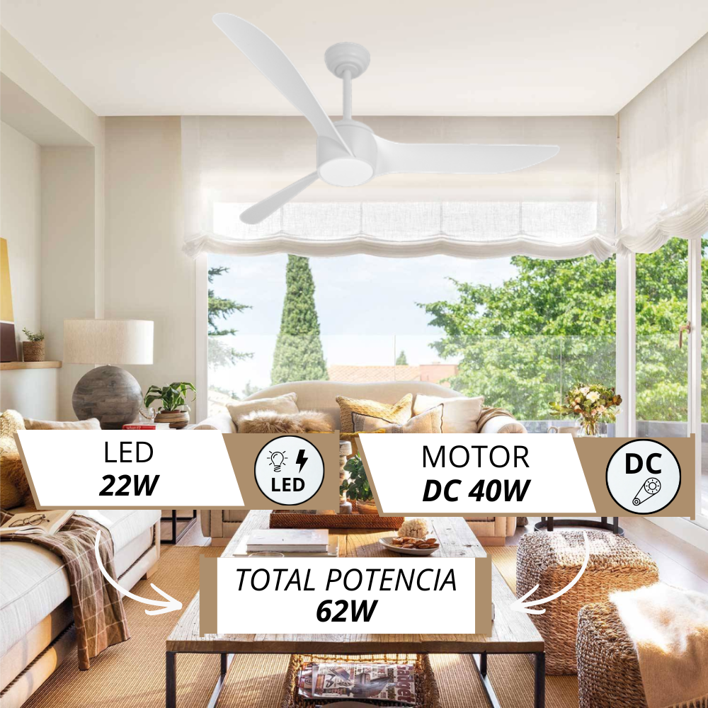 Un ventilador de techo blanco sobre una sala de estar con sofás y mesa de café.