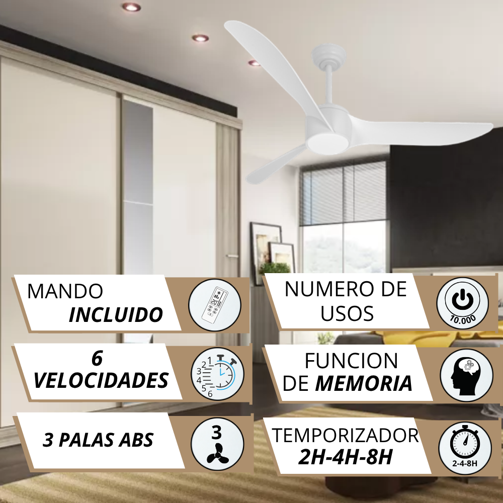 Ventilador de techo blanco de 3 aspas, mando, 6 velocidades, función memoria, temporizador.