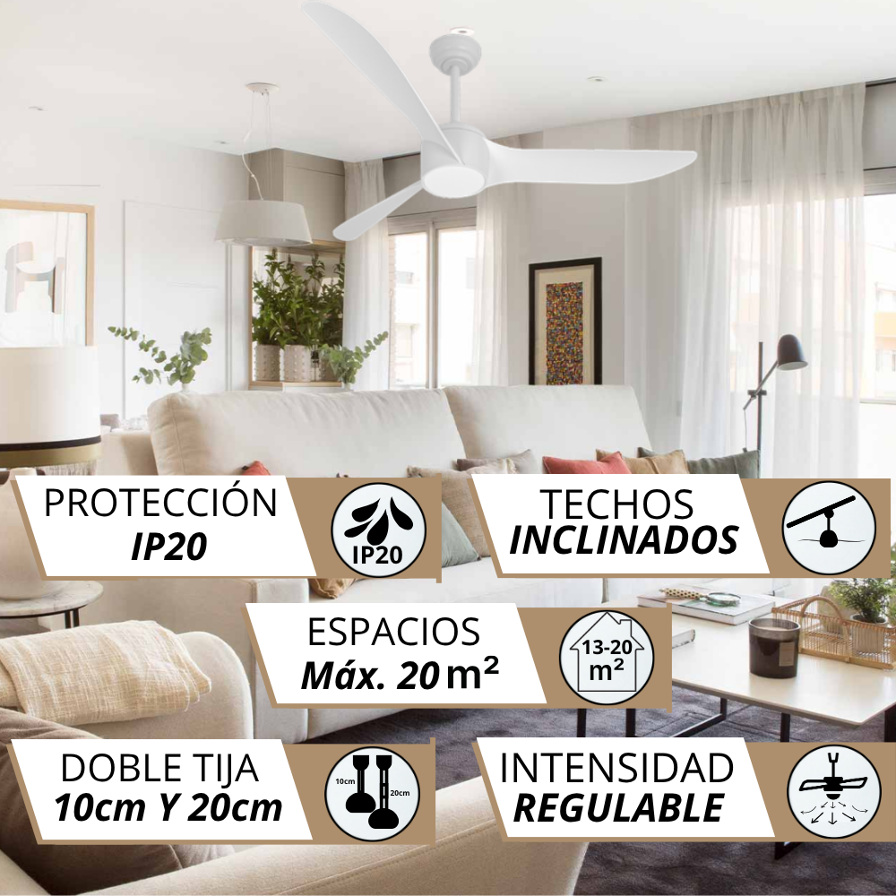 Ventilador de techo con protección IP20, para estancias de hasta 20m², techos inclinados.