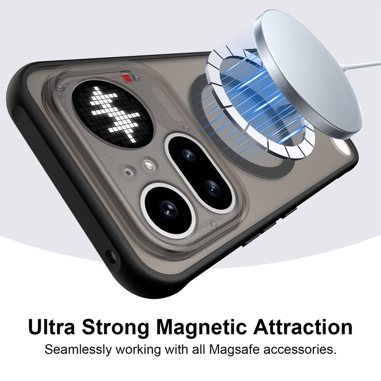 Een transparante telefoonhoes met een magnetische ring en MagSafe-oplader.