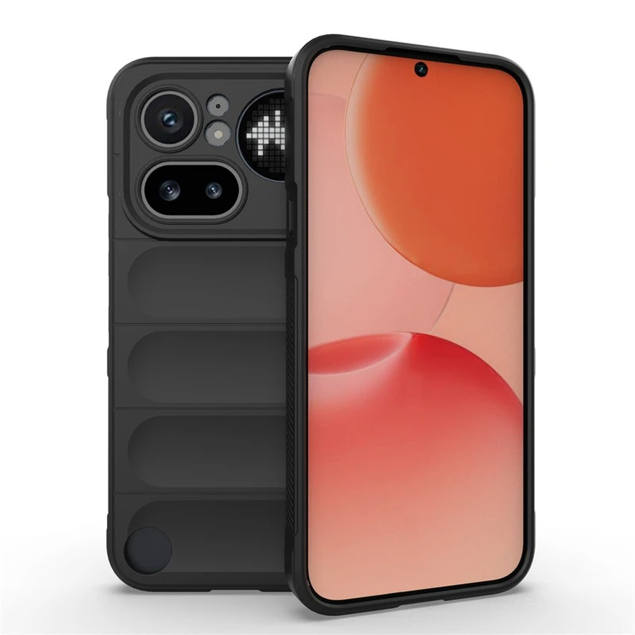 Coque de téléphone noire sur un téléphone, montrant caméras et dos texturé. Écran affiche art abstrait.