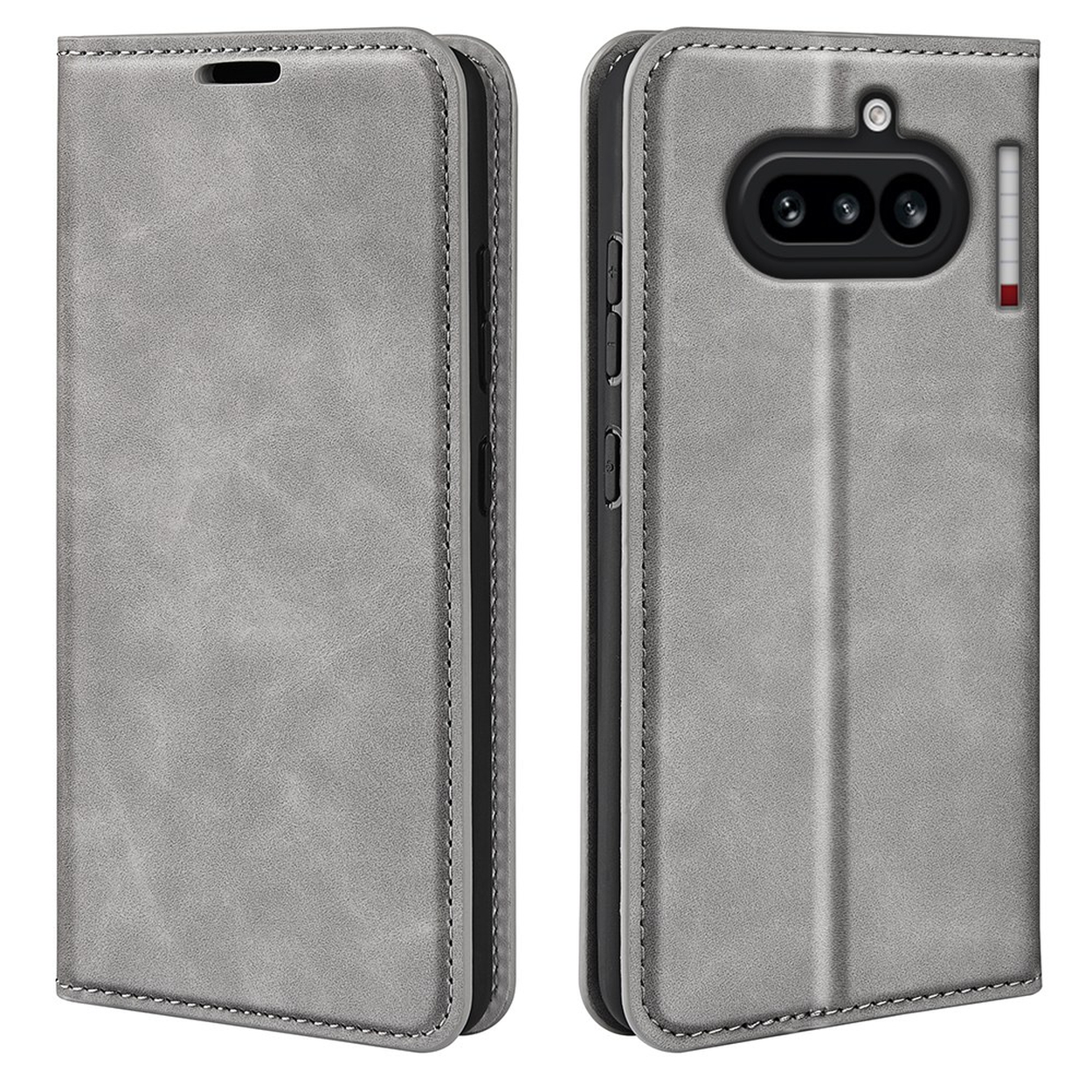 Étui gris ouvert pour téléphone, montrant la caméra et les boutons à droite.