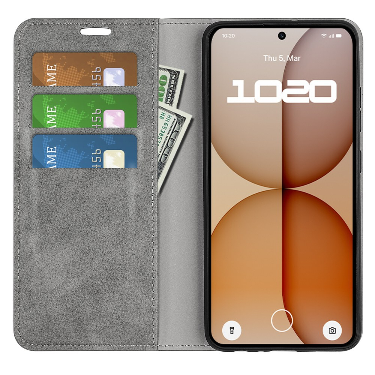 Étui portefeuille gris avec cartes de crédit et billets de dollars US, ouvert sur un smartphone.