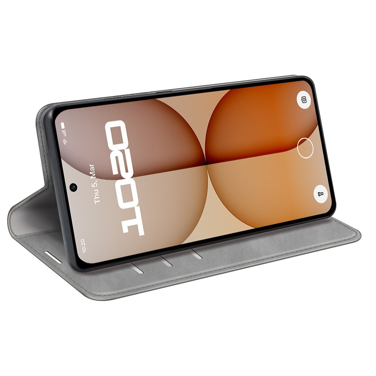 Un étui de téléphone gris contient un smartphone affichant le logo "020T" et l'heure 10:20.