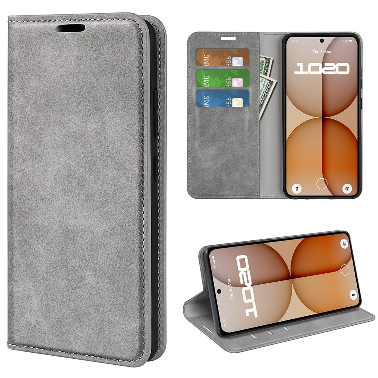 Étui de téléphone gris avec fentes pour cartes et poche pour argent.
