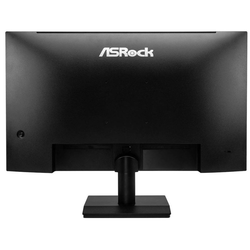 Tył czarnego monitora ASRock ze stojakiem i portami.