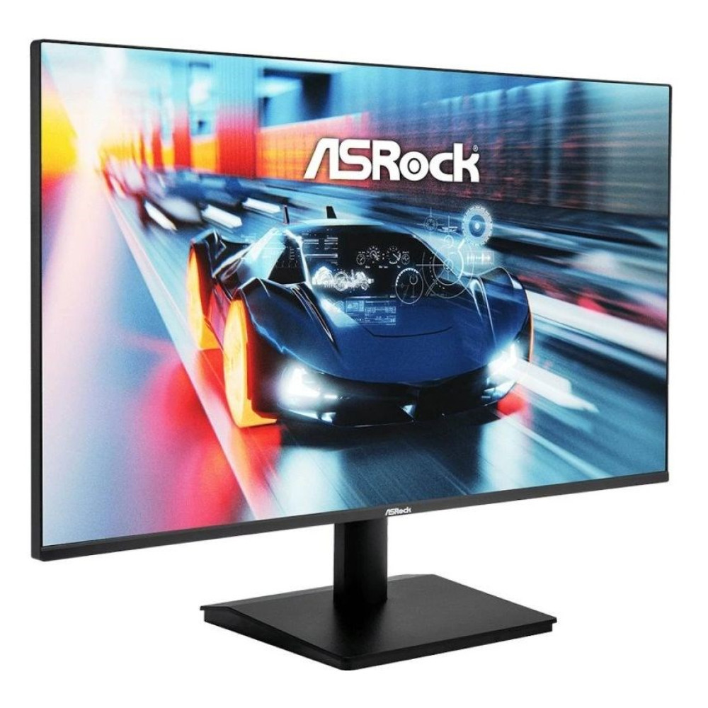 Monitor ASRock wyświetla futurystyczny niebieski samochód ścigający się na neonowym torze.